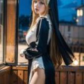 手機桌布，金髮修女，寫實，身穿白領黑衣的女孩從肩膀上望過去。