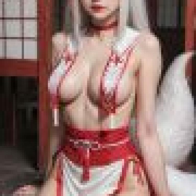 Fox Fairy Girl，A woman in red and white lingerie sits on a bench.
