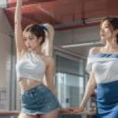 Real beauty， short skirt in front of the window -real beauty， female in front of the window， short skirt style， tablecloth download free download.