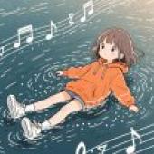 Immerse yourself in music，A girl in an orange hooded sweatshirt is sitting in water with music notes around her.