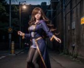 Wiz KonoSuba RavenAeye 一位穿著藍色衣服的女子正在玩弄她的手臂。