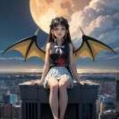 Ooba Juri Magia Record Quebick，一個長著黑色翅膀的女孩，背景是一輪明月。