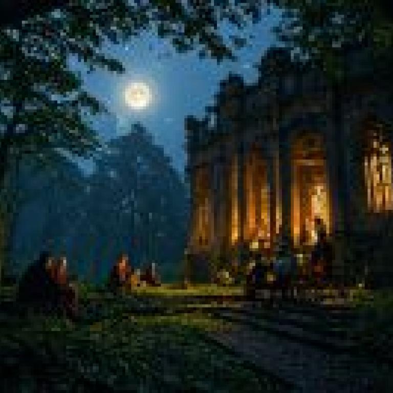 童話小屋，一群人晚上坐在老房子附近。