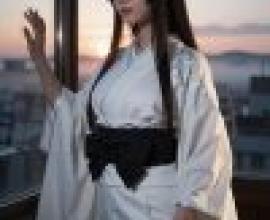 身穿和服、戴眼鏡的日本女子正望著窗外。