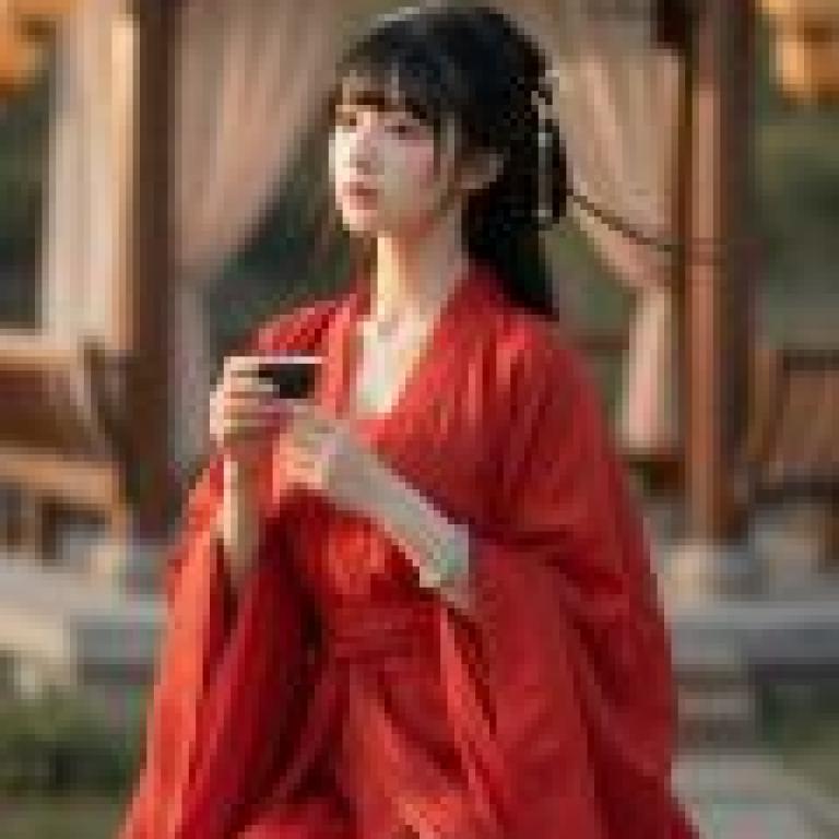 夢中的古代美人，一位身穿紅裙的女子正在品嚐茶。