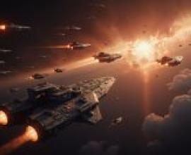 battle spaceSpaceship shooting into the moon.