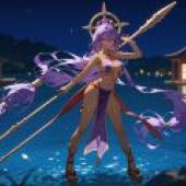 埃及風性感女神，身穿紫色洋裝、頭戴金色頭飾、手持兩把劍的女性電玩角色。