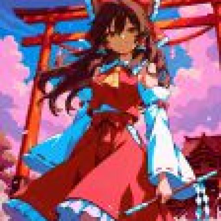 Reimu Hakurei，Girl holding sword wearing red with bow.