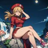 Mushroom Fantasy，Girl in red dress and pink shoes with one foot on rock.