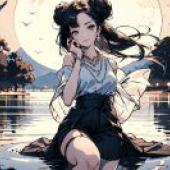 Moon Beauty，A girl is sitting on the edge of the water.