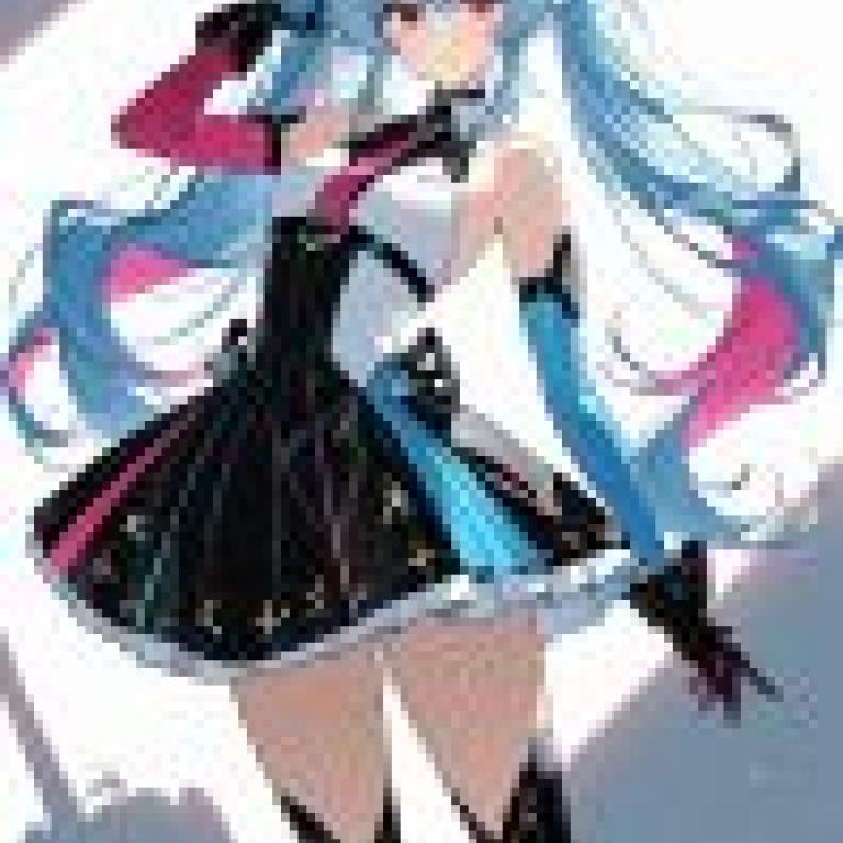 初音未來，一位藍頭髮、粉紅色條紋的女孩