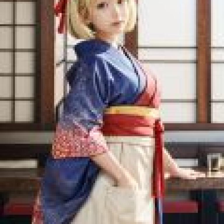 Chisato Nishikigi Lycoris Recoil，A woman in a kimono with red ribbon in her hair.