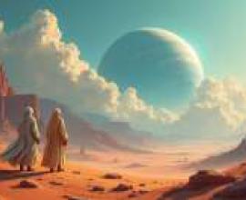 《朝聖》是一部科幻電影，畫面中兩個人站在一顆行星和雲層前。