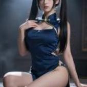 Cheongsam Goddess Fantasy，Woman in blue dress and bow.