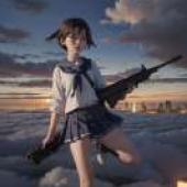 宮藤芳佳，《強襲魔女》，一個站在雲端拿著槍的女孩。