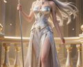 Goddess s Grace，A blonde， elf-like girl in a blue and gold dress holds a crystal ball.