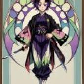 Butterfly Shinobu，Anime art with woman in purple and black dress holding sword.