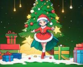 彩色畫面，一位藍頭髮的女孩戴著聖誕帽，穿著聖誕裙，站在聖誕樹前。