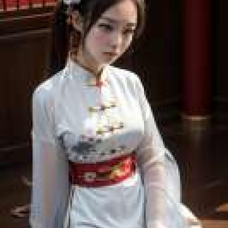 Chinese daughter clothing，Girl in costume with red bow on her waist.