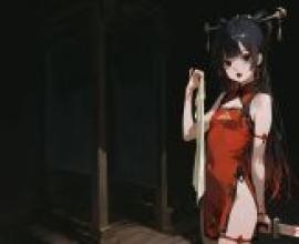 Cheongsam and giant sword Chinese style，Cartoon girl in red dress.