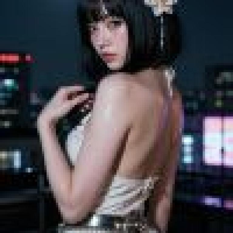 girls，A girl poses by the moon and stars in front of city buildings.