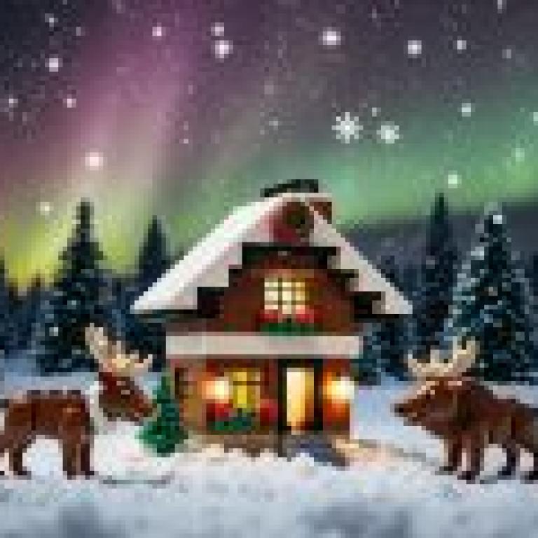 樂高風格的聖誕節，一個用樂高積木建造的聖誕小屋場景。