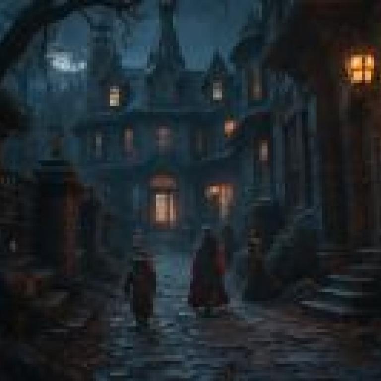 A dark and eerie alleywayA group of people walk down a street with a building in the background.