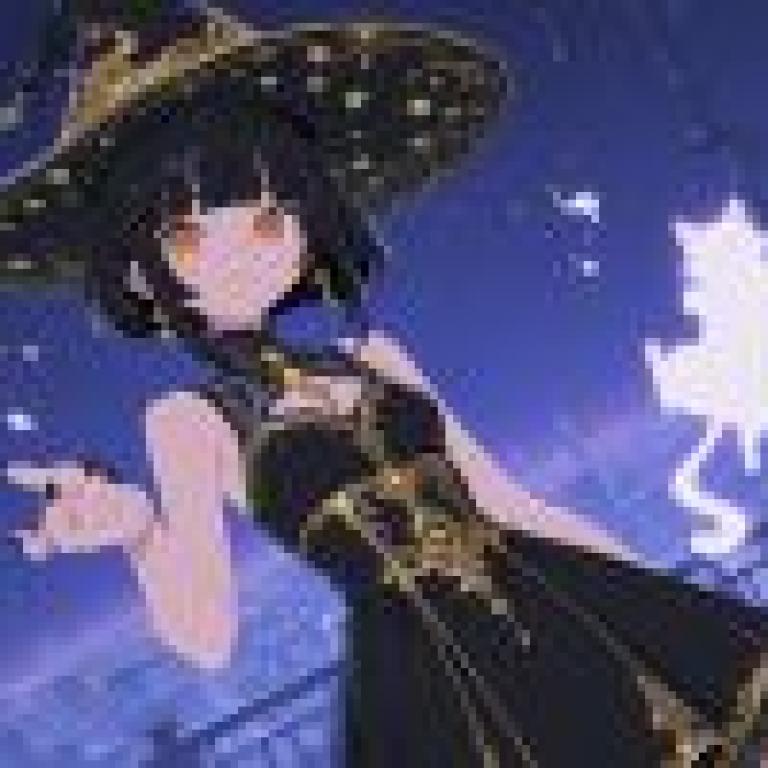 Anime beauties，A girl with witch hat and dress in front of cat.