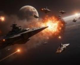 battle spaceA space battle with fire coming from the front of a ship.