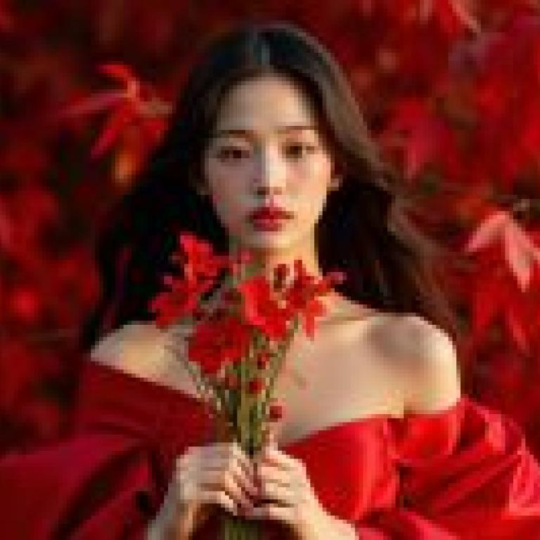 Red Dream，A woman holds red flowers.