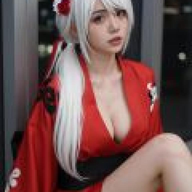 ZIT 01，A woman in red wearing white hair with flowers.