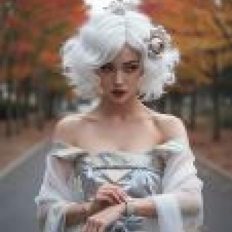 秋天，一位身穿白色洋裝、有著紅色頭髮的女子。