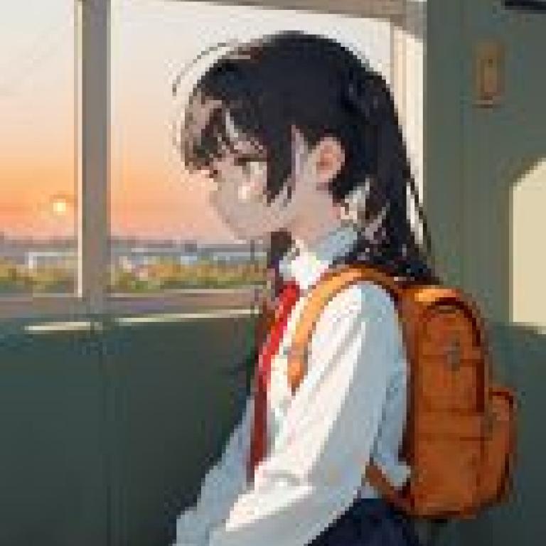 Past travels，a girl with a brown backpack looking out the window.