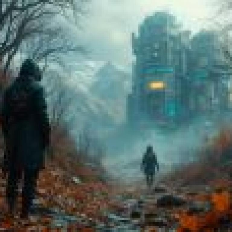 endness road，A lone traveler approaches an alien spaceship.