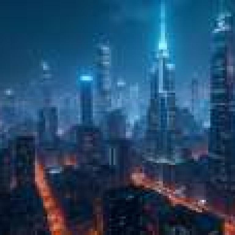 City night view，A city skyline with blue lights lit up.