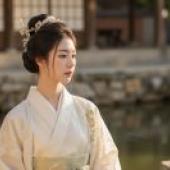 Ancient Chinese，Girl in kimono looking at photographer.