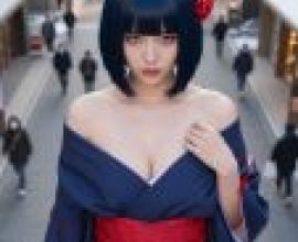 Japanese traditional beauty，Blue hair girl.