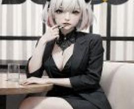 Devil Female President，a woman in a devil costume sitting at a table.
