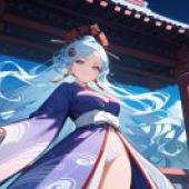 Shrine Maiden，Anime girl with blue dress on.