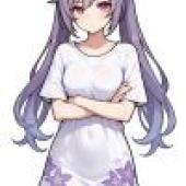 動漫女孩，紫髮女孩，身穿白色連身裙，裙子上點綴著紫色花朵，頭戴花冠。