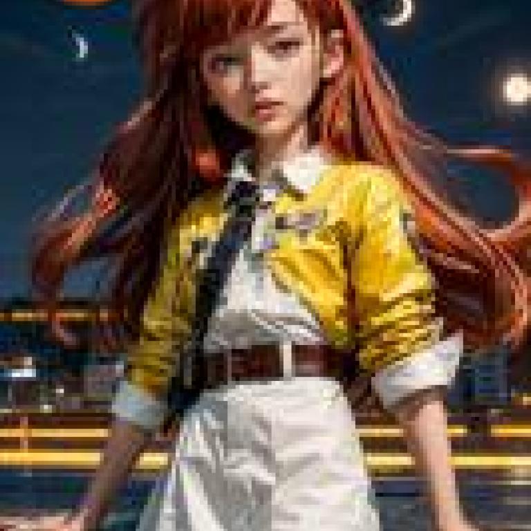 Mobile wallpaper， Reggie Abbott， Twelve Forever， realistic， a girl with red hair and a yellow jacket is standing in front of the city skyline.