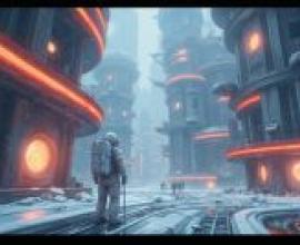 Invasion of the city，A scene from an animated video game with people in white spacesuits walking through snow.