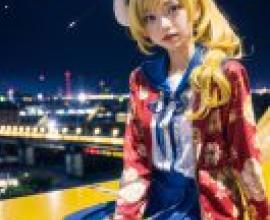 Mobile wallpaper，Hayu Nukui， 贯井はゆ，realistic，In the dark， a girl with yellow hair， wearing a red coat and a blue skirt.