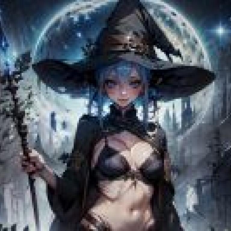 黑色巫女，身著服裝的女巫，身後有一彎新月。