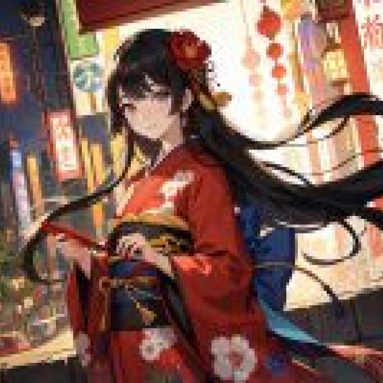 Computer wallpaper， kimono fantasy， animation， exquisite fantasy street scene where kimono and animation are intertwined