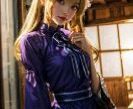 手機桌布，Yukari Yakumo 八雲 紫 東方，寫實，一個穿著紫色和藍色洋裝的女孩站在窗前。