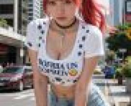 女孩，一位紅髮的女人穿著一件寫著「Boffria Un Soprei」的襯衫。