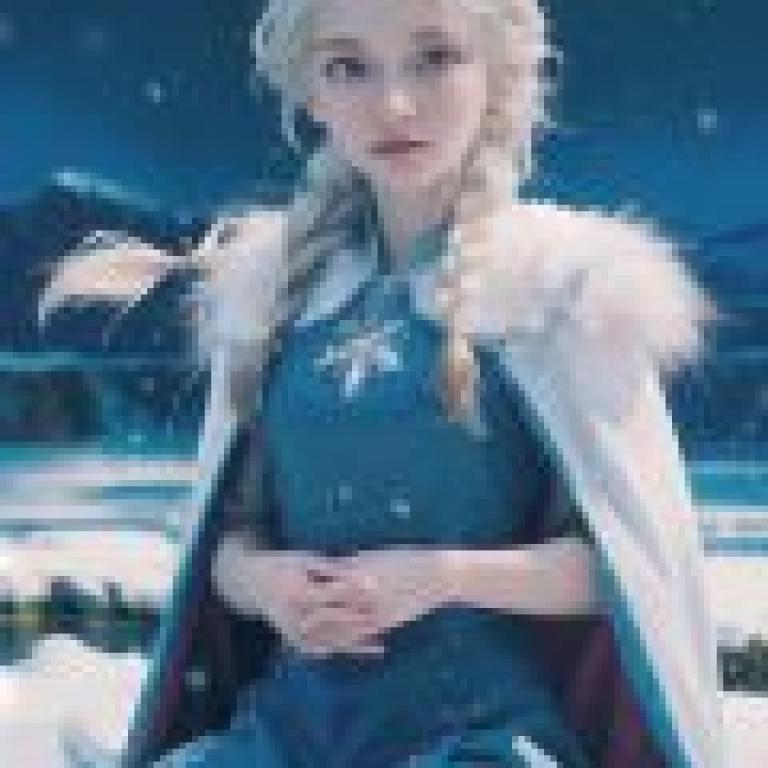 Elsa de Frozen，A young girl wearing a blue dress and fur cape.