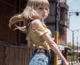 手機桌布，Sakura Nene 桜 ねね， New Game，寫實，一個穿著黃色襯衫和藍色牛仔褲的女孩。
