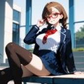 Misaki Sakimiya Anilist，A woman wearing glasses sits on a table.